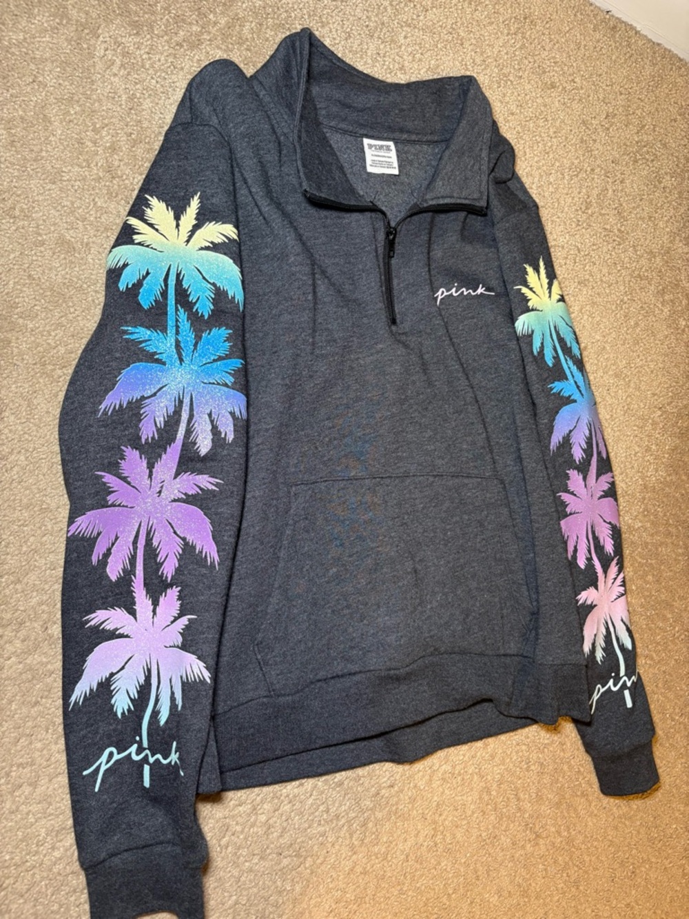 PINK Palm Tree Half-Zip Pullover - Charcoal with Pastel Palm Print XL